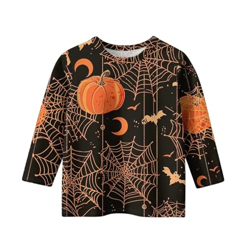 Girls Halloween Long Sleeve Shirt Cute Pumpkin Bat Web Print Top Casual Crewneck Pullover for Kids Holiday Party2