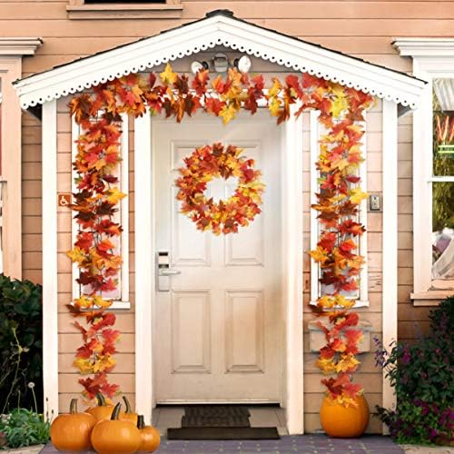 Artificial Maple Leaves Garland, 2 Packs Artificial Autumn Garland Fall Hanging Plant with 8 Pcs Artificial Pumpkins for Thanksgiving Day Wedding Party Fireplace Decor
