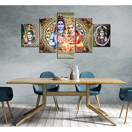 Shiva Parvati Family Wall Art Ganesha Wall Decor Hindu Decorations For Bedroom Picture Canvas Print Ganesha Paintings Home Living Room Posters Framed Ready To Hang 5 Piece(60''Wx32''H) #TOP2