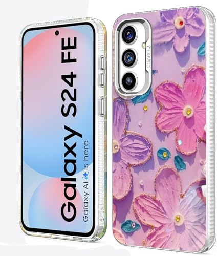 Image of Elzzi Compatible with Samsung S24 FE 5G Case Laser Flower Oil Painting Cute Colorful Blue Ray Bumper with Full Camera Protection Shockproof PC+TPU Glossy Shiny Cover for Girls Women, Pink & Purple