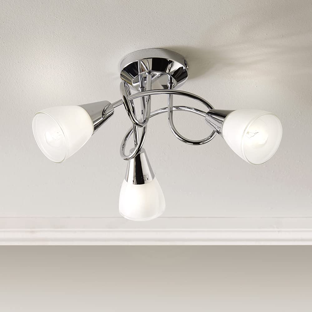 3 Light Ceiling Fitting with 3 Glass Shade Bulb Holders in a Chrome Body and White Glass Shades Finish