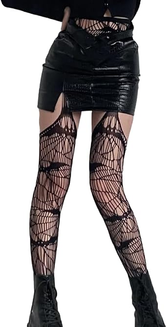 mdgfge Halloween Fishnet Stocking Black Tight Spider Web Bat Gothic Tight Stockings Lace Pattern High Pantyhose Waist Lace for Halloween Cosplay Party Women Girls Dress Accessories 1 Pair