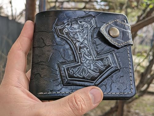 Celtic Style, Mjolnir, Thor Hammer, Crow, Raven, Odin, Norse Knots, Viking, Men's 3D Genuine Leather Wallet, Handmade wallet, Carved wallet, Tooled wallet, Bifold wallet, Custom Personalized wallet3