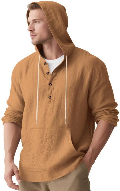 Men's Linen Hoodie Lightweight Hawaiian Shirt Casual Beach Shirt with Pockets - Image 4