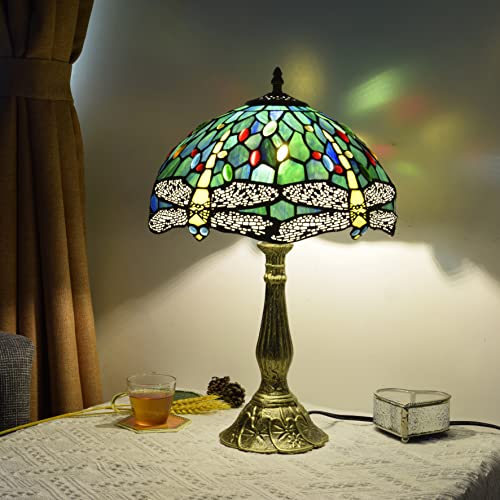Blivuself Tiffany Lamp Stained Glass Lamp Dragonfly Green Bedroom Table Lamp Reading Desk Light For Bedside Living Room Office Dormitory Dining Room Decorate Gift 12X12X18 Include Light Bulb #TOP2