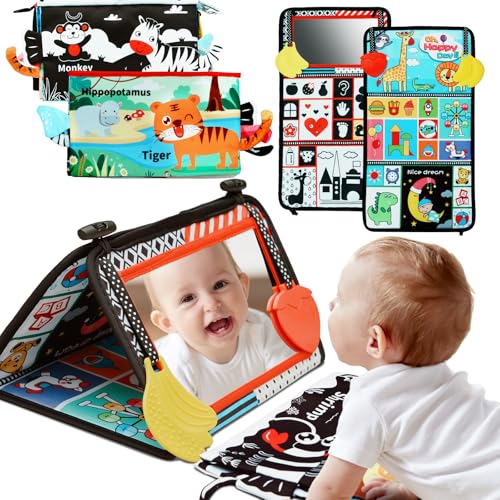 Image of Baby Mirror Toys 0-6 Months - Tummy Time Toys 0-3 3-6 Months with Crinkle Cloth Books, High Contrast Newborn Sensory Toy for Babies 0 3 6 9 12 Months, Infant Toys Montessori for Boys Girls Baby Gifts