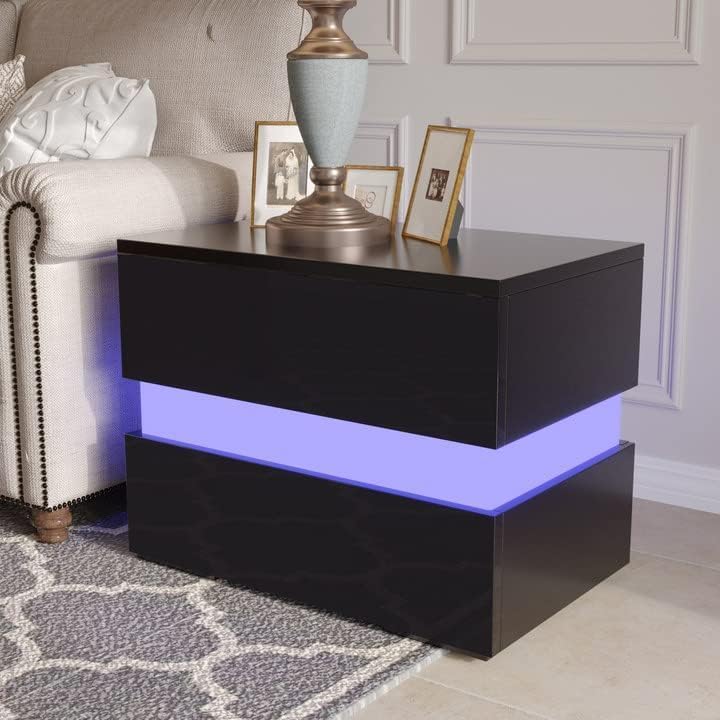 Miniatura 2 de Mesita de noche LED moderna de alto brillo con armario de almacenamiento, mesita de noche con 2 cajones para muebles de dormitorio y sala de estar