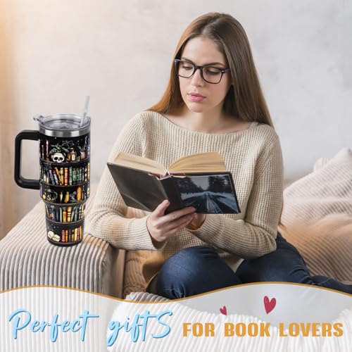 Book Lovers Gifts 40oz Halloween Book Lover Tumbler Goth Skull Bookshelf Coffee Travel Mugs Christmas Insulated Cup Gifts for Women Readers,Reading,Bookish,Librarian - Image 2