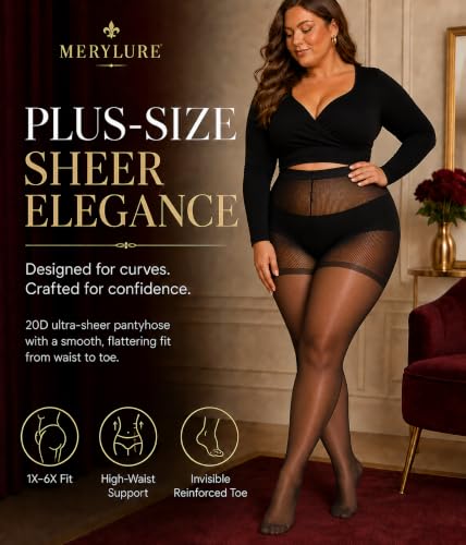 Image of MERYLURE Plus Size Sheer Tights for Women,20D Control Top Pantyhose Reinforced Toes High Waist Stockings 3 Pairs 1XL-6XL