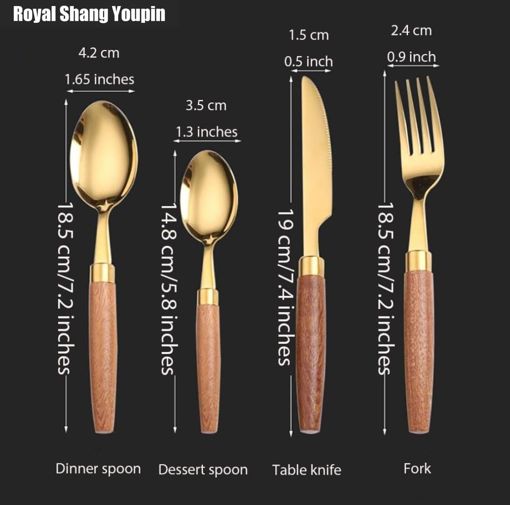 Unico Manico in Legno Da Cucina in Acciaio Inox Posate Posate Posate Set Coltello Da Bistecca Forchetta Cucchiaio Cucchiaino (Oro,16 pezzi)