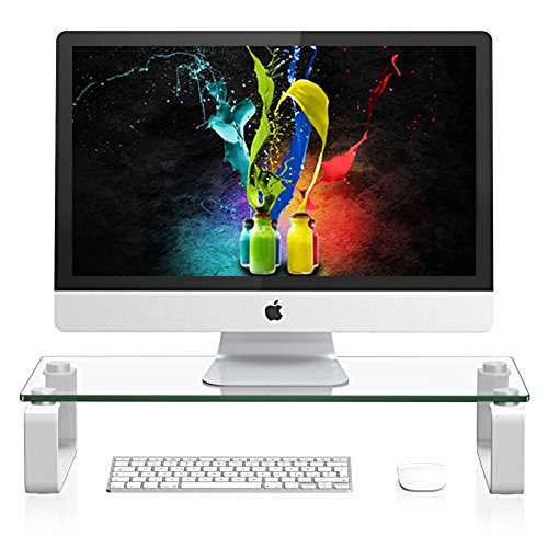 Computer Monitor Stand Riser For iMac and Accessories - Laptop Desk Organizer with Aluminium Metal Legs and Tempered Glass for Flatscreen TV, Mining Racks, Printer, Xbox One Gaming Storage - Func