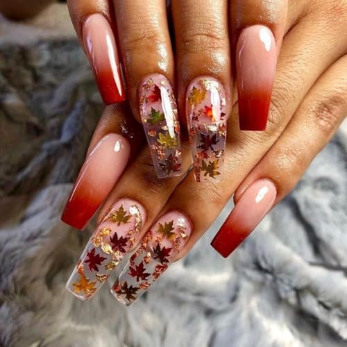 Fall Press on Nails Medium Coffin Fake Nails with Maple Leaf Gold Foil...