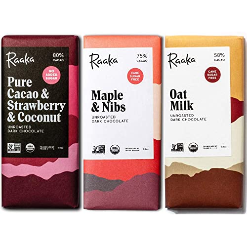 Raaka Chocolate Refined Sugar Free Dark Chocolate Pack | Gourmet Dark Chocolate Gift | Organic, Kosher, Vegan, Gluten Free, Soy Free, Fair Trade, Paleo, Cane Sugar Free | 1.8Oz Bars, 3-Pack #TOP13