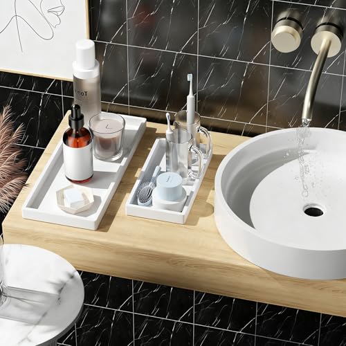 Image of BBK Bathroom Vanity Tray- 2 Pack (7.8 inch and 11.8 inch) Silicone Bathroom Tray for Counter, Perfume Key Trinket Ring Tray, Decor Soap Dispenser Countertop Tray for Kitchen Sink Organization (White)