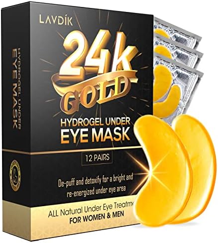 LAVDIK Under Eye Patches, 24K Gold Eye Mask - 12 Pairs, Collagen Eye Patch for Puffy Eyes and Dark Circles and Anti-Aging, Deep Moisturizing Eye Treatment Masks for Women and Men