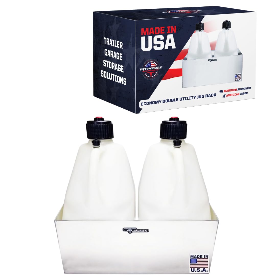 Pit Posse PP3344 Double Utility Fuel Jug Holder Storage Rack Shelf - Holds Two 5-Gallon Jugs - Made in USA - Anti-Rusting Aluminum - Shop Garage Enclosed Race Trailer Car Automotive Accessories