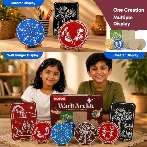 Image of Kores Warli Art Kit for Kids | DIY Indian Folk Art Painting Kit | 4 Illustrated Coasters + 2 Wall Hangers + Stands | Acrylic Colours, Sketch Pens, Brushes & Manual | Creative Art & Craft Kit for Age 8-99
