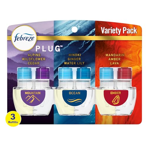 Febreze Plug In Air Freshener, Odor-Fighting Scented Oil Refill, Air Fresheners for Home and Bathroom and Kitchen, Long Lasting for Strong Odors, Moutain/Ocean/Amber Mix, 0.87oz Refills, 3 Count