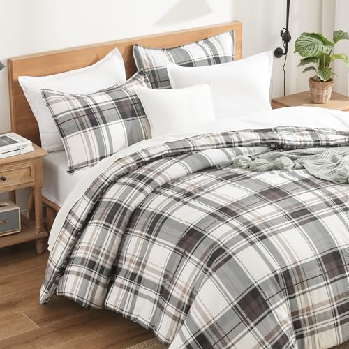 Image of Andency Gray Brown Black Plaid Comforter Set Queen(90x90Inch), 3 Pieces Grid Gingham Stripes Bedding Comforter Sets for Boys Girls Kids Teens, Preppy Geometric Line Soft Lightweight Reversible Bed Set