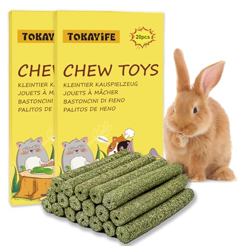 TOKAYIFE Kaninchen Kauspielzeug, 400g Timothy Heu Sticks für Kaninchen, Meerschweinchen, Hamster, Chinchilla, Häschen Leckerli (40 Stück (1er Pack))