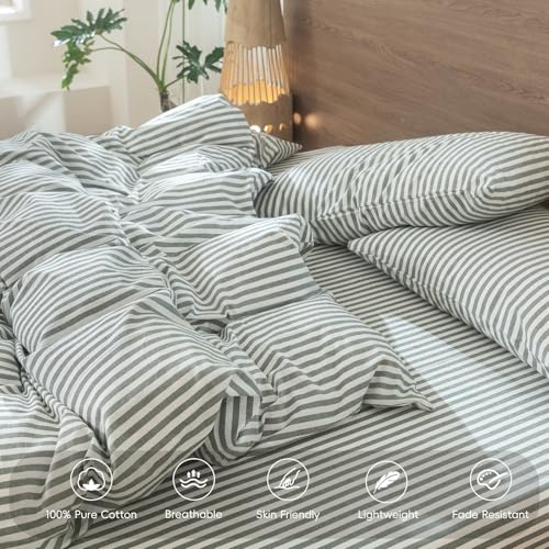 Image of MooMee Striped Duvet Cover Set 100% Washed Cotton Linen Like Cal King | Relaxed Linen-like Texture. Soft, Breathable & Long-lasting Comfort. Lightweight. Hidden Zipper with 8 Interior Corner Ties