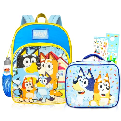 Bluey Conjunto de mochila e lancheira – Pacote com mochila escolar Bluey e Bingo, Lancheira, garrafa de água, adesivos, mais | Mochila Heeler Family e lancheira