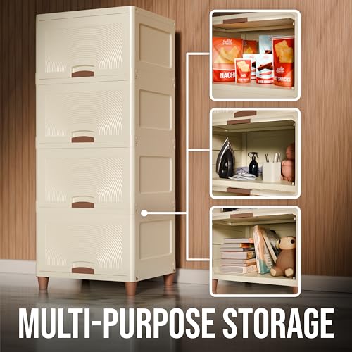 Image of Amazon Basics Multi-Purpose Large Organizer | Modular Storage Box for Clothes, Kitchen, Bedroom & Living Room | Stackable Rack, Space-Saving Wardrobe Cabinet (Off White), 4 Piece, 37.5LX44.7WX27H cm