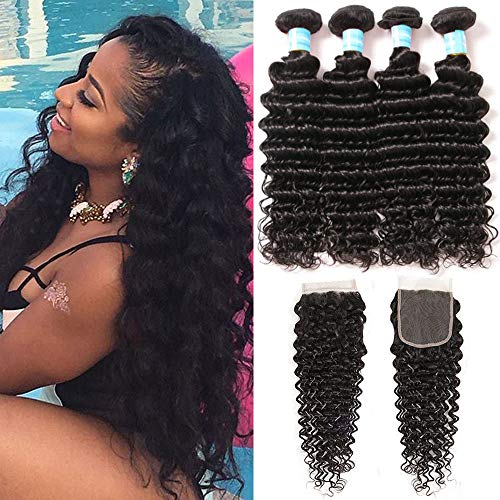 NewYou Brazilian Virgin Deep Wave 4 Bundles with Closure 8A Grade Unprocessed Human Hair with 4×4 Lace Closure Free Part Natural Color (20 22 24 26 with 18)