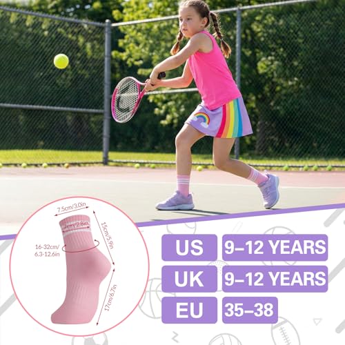 Jspupifip 6 Pairs Kids Girls Pink White Crew Athletic Socks with Stripes Hearts,Casual Stretchy Socks for Girls and Boys (US, Age, 6 Years, 9 Years, 6-Color Three Striped) — view 5