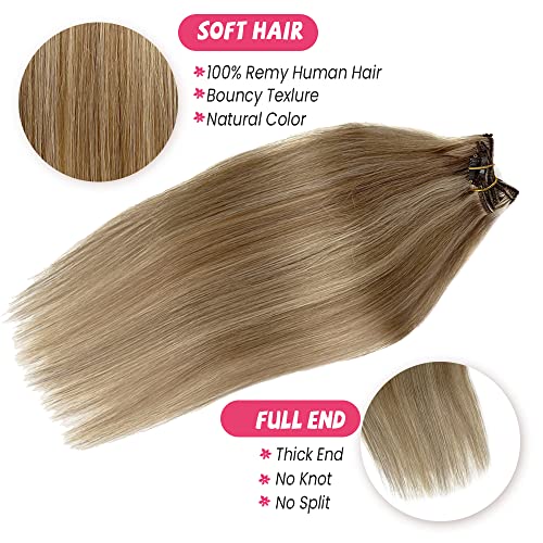 Image of Hair Extensions Real Human Hair, Clip in Human Hair Extensions Light Blonde and Golden 18Inch Remy Hair Extensions Highlights Clip on Extensions 7 Pieces 70Gram