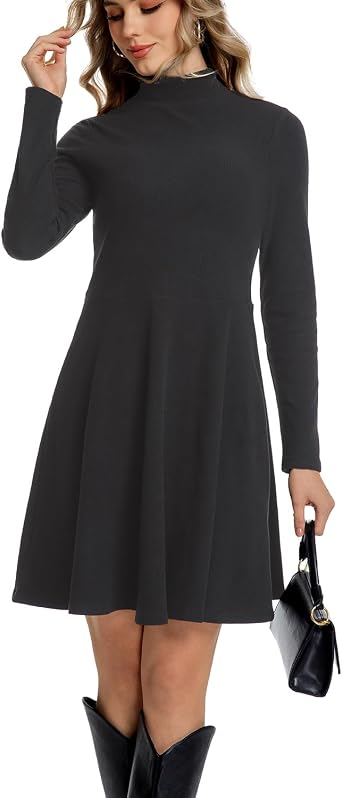 Chongbaijia Long Sleeve Dress for Women Turtleneck Ribbed Knit A-Line Flowy Casual Elegant Fall Winter Fashion Short Dresses