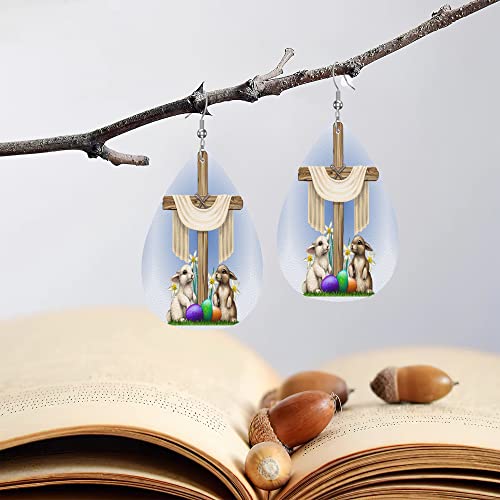 Zthll Faux Leather Teardrop Earrings For Women,Easter Wooden Cross With Rabbits Pattern Western Earrings For Girls Gift Drop Lightweight Dangle Earrings #TOP4