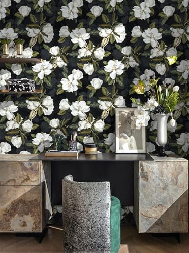 HAOKHOME Peel and Stick Gardenia Floral Wallpaper Removable Black/White/Green Vinyl Self Adhesive Mural 17.7in x 9.8ft