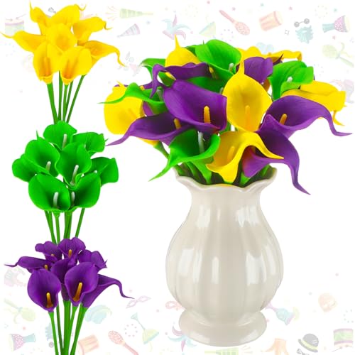 Hoteam 24 Pcs Mardi Gras Artificial Flowers Purple Yellow Green Calla Lily Picks Mardi Gras Decorations Carnival Fake Calla Lily Flowers Carnival Floral for Home Outdoor Table Decor