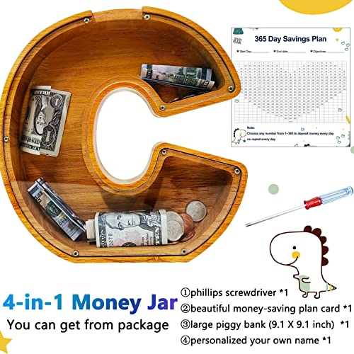 Image of Custom Wooden Piggy Bank, (Laser Engraved Name) Personalized Creative Twenty-Six English Alphabet Storage Tank, Coin Bank Customized Wood Toy DIY Name Letter Kids Money Bank (C)