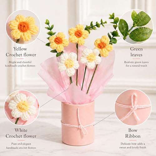 Image of Art Street Handmade Crochet Flower Bouquet with Pot | Yellow & White Knitted Artificial Flowers with Green Leaves & Ribbon | Cute Forever for Home Decor, Birthday, Anniversary