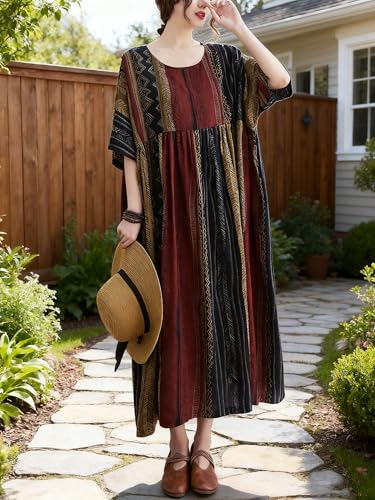 Women Summer Casual Loose Dress Plus Size Boho Dresses Vintage Striped Print Round Neck Short Sleeve with Side Pocket4