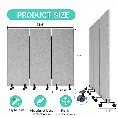 Soundproof Room Divider with Wheels, 66in Office Dividers for Sound Proofing & Reducing, 3 Panel Sound Proof Dividers for Office Partitions Portable Temporary Wall Acoustic Wall Divider，Light Grey