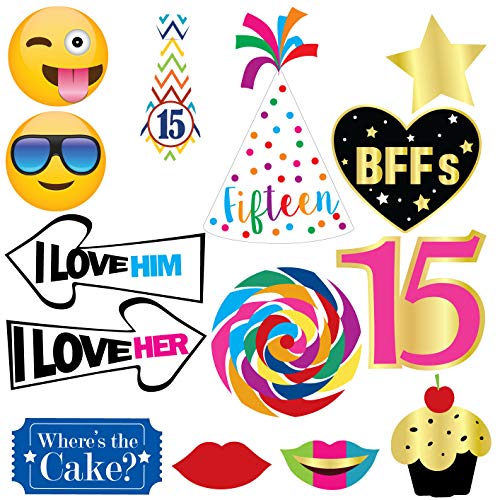 15th Birthday Photo Booth Party Props - 40 Pieces - Funny Kids Birthday Party Supplies, Decorations and Favors - Thumbnail 4