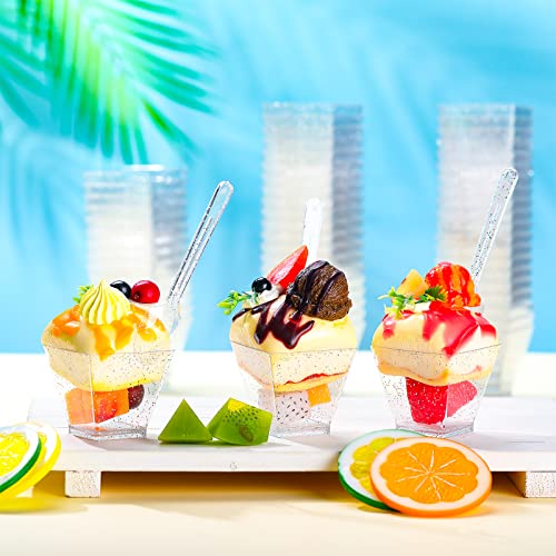 Meanplan 160 Pack 2Oz Glitter Plastic Dessert Cups With Spoons 160 Disposable Square Plastic Dessert Cups And 160 Glitter Spoons For Party Dessert Appetizers (Silver) #TOP4