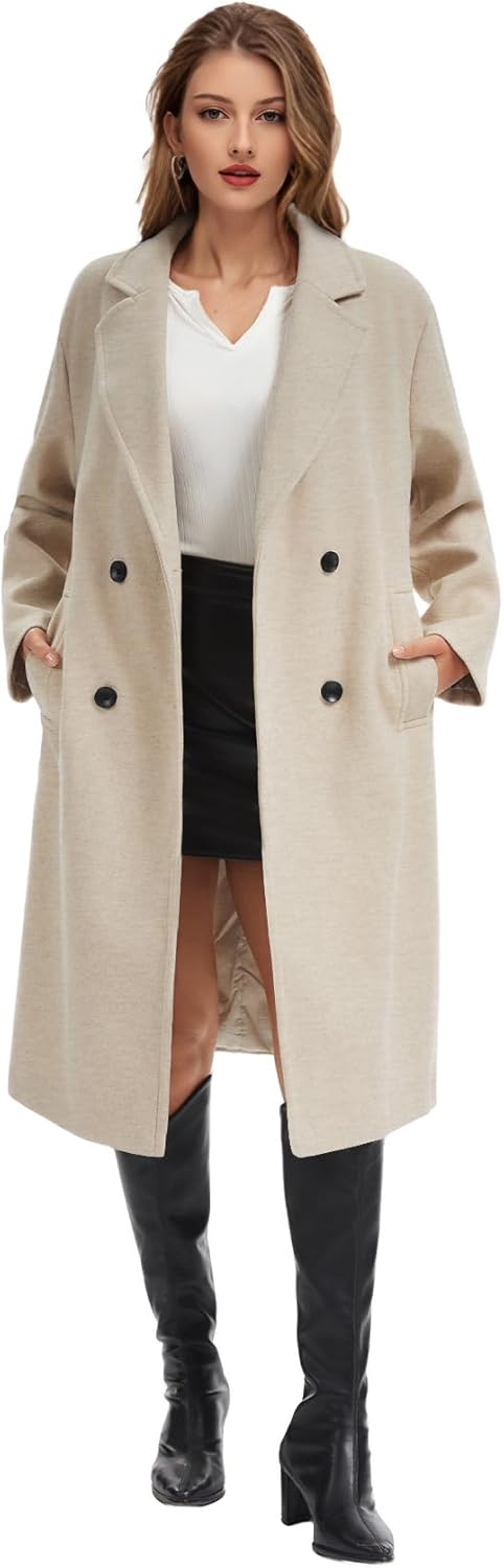 Flygo Womens Long Pea Coat Notch Lapel Double Breasted Trench Coat Fall Winter Overcoat Long Jacket - Image 2