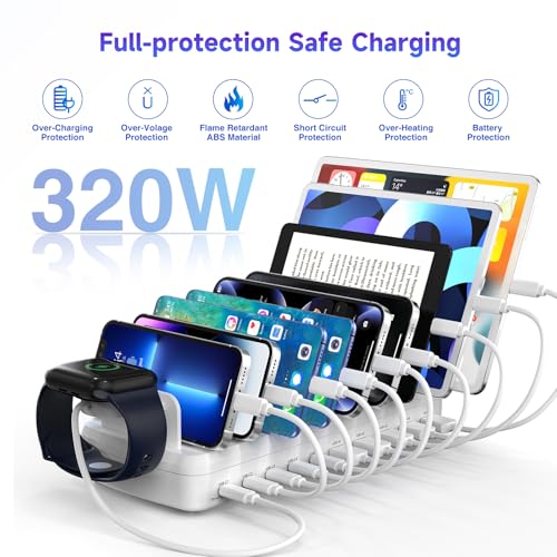 Image of 320W Charging Station for Multiple Devices, 10 Ports Fast Multi-Device Charger Organizer Compatible with MacBook Pro Laptop, iPhone, Android, Ipad, Tablet, Kindle, Family Multi-Device Charging Dock