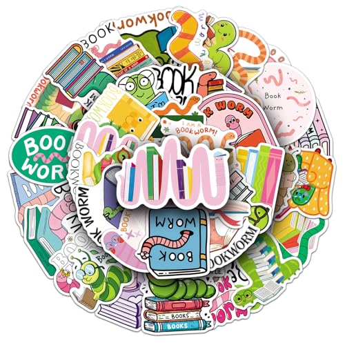 50 Pcs Cute Bookworm Stickers, Waterproof Vinyl Reading Themed Decals, Book Lover Stickers for Kindle Laptop Notebook Luggage, Ideal Gifts for Avid Readers