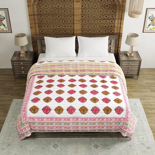 Image of BLOCKS OF INDIA Hand Block Printed Cotton King Size Quilt /Rajai | Pink Peach Rose