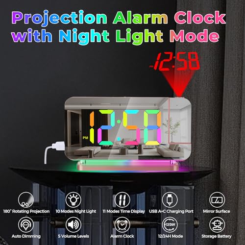 Projector Clock,7.4 in Digital Alarm Clocks Projection on Ceiling Wall,with RGB Night Light,USB C Charging Port,Auto Dimming,LED Mirror Clock for Teen Girl Adults Bedroom Decor - Rose Gold - Image 5