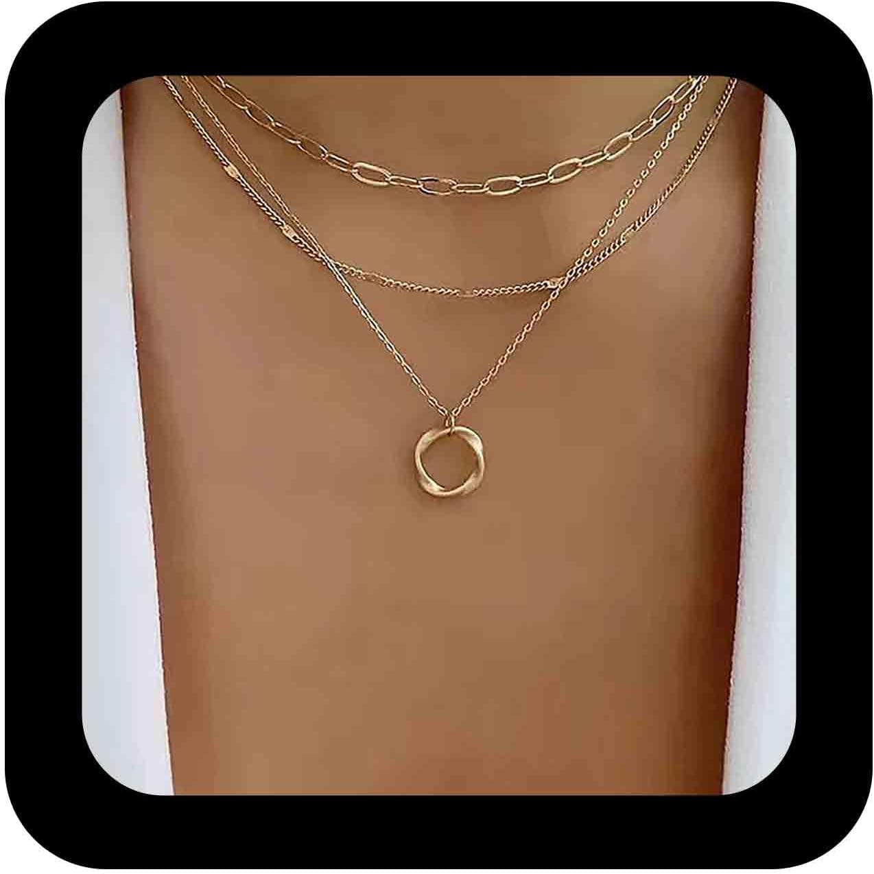 Andelaisi Boho Layered Circle Choker Necklace Gold Hollow Circle Pendant Necklace Geometric Necklace Choker Vintage Paperclip Chain Necklace for Women
