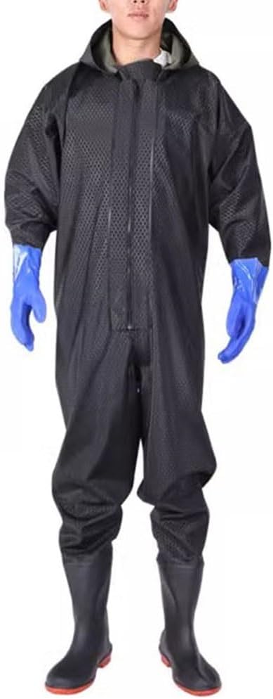 Hip Waders One Piece Pants With Wading Boots, Fishing And Hunting Waterproof Clothing With Rubber Gloves (Black 1,9)