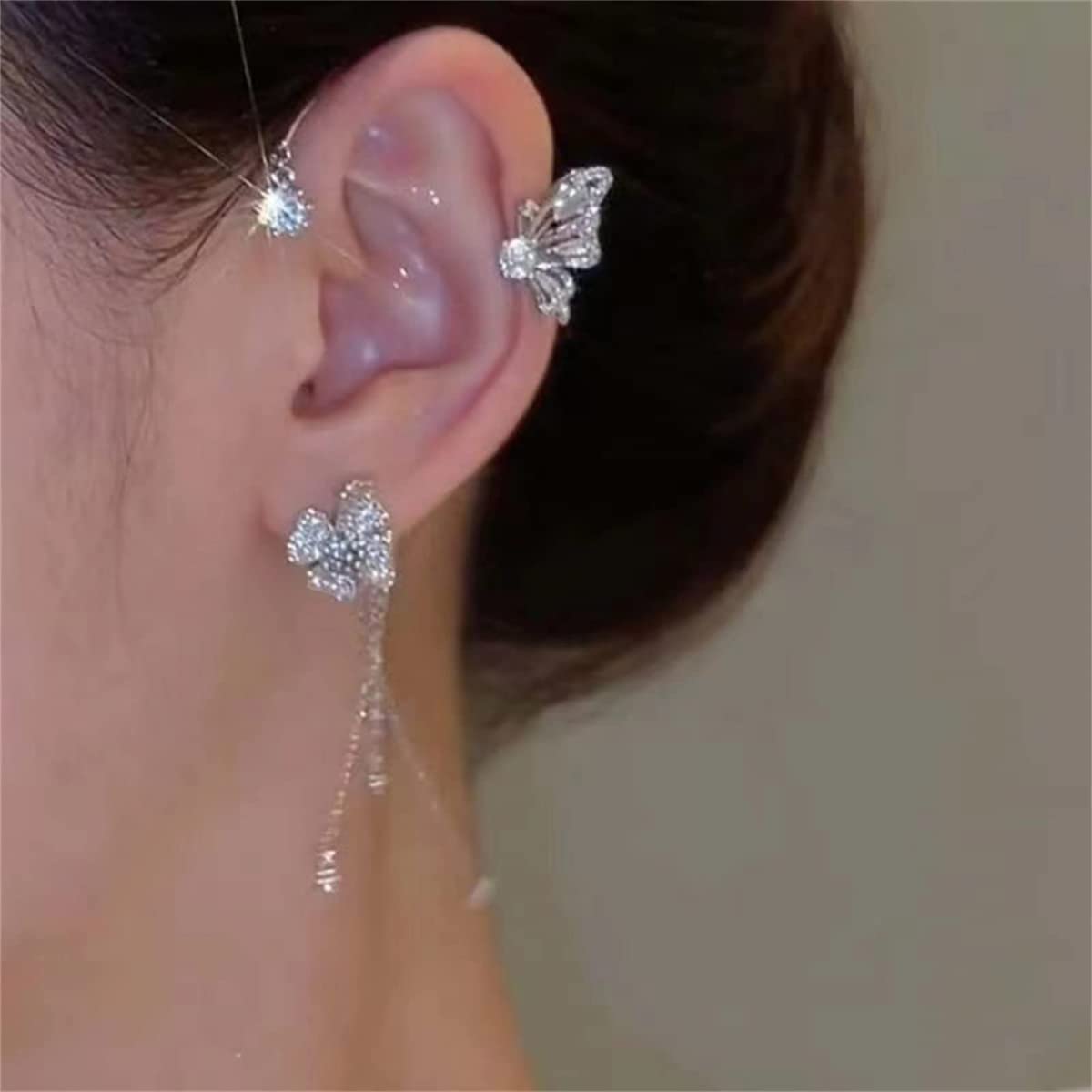 Butterfly Tassel Style Zircon Earrings, No Pierced Wraparound Butterfly Flowers Tassels Earrings,Womens Girls Jewelry Gift