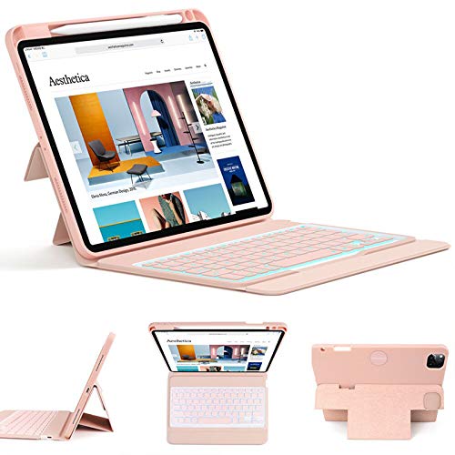 Keyboard Case for iPad Pro 11 2020/2018 -Smart Folio BT Keyboard case for iPad Pro (1st/2nd Generation) - Soft TPU Protective with Honeycomb Designed-ipad pro Keyboard case with Pencil Holder, Pink