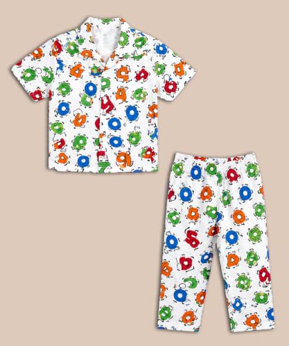 Image of 3BROS Unisex Pure Cotton Short Sleeve Kids Night Dress for Boys & Girls Nightwear /Sleepsuit /Sleepwear /Loungewear Night Suit for Boys and Girls Top and Pyjama Combo Set